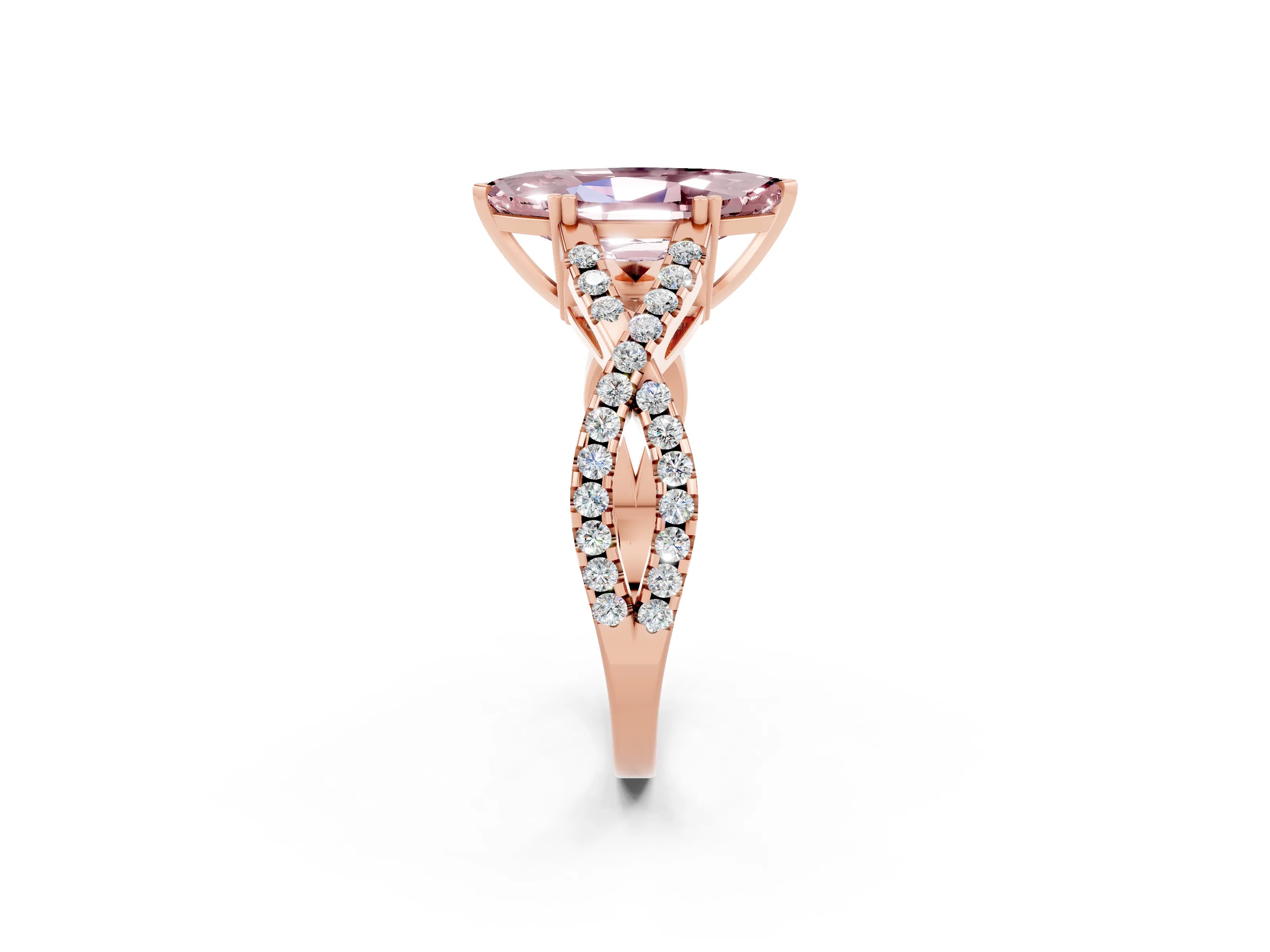 Rose gold Marquise Cut Morganite Solitaire Ring with Four-Prong Setting and Twisted Pavé Band_2
