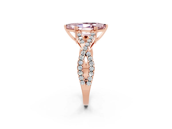 Rose gold Marquise Cut Morganite Solitaire Ring with Four-Prong Setting and Twisted Pavé Band