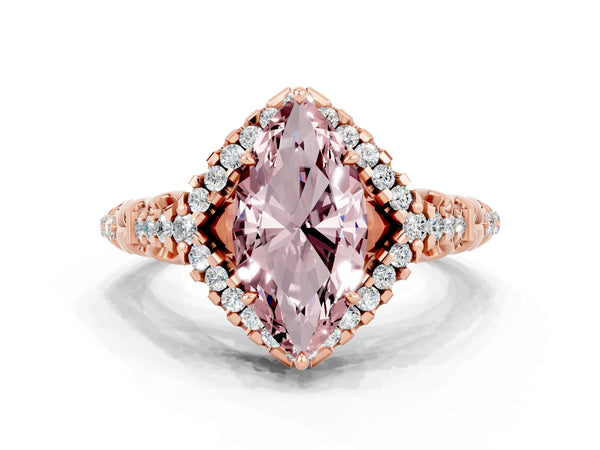 Rose gold Marquise Cut Morganite Solitaire Ring with Hidden Halo and Pavé Band