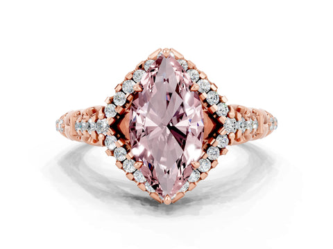 Rose gold Marquise Cut Morganite Solitaire Ring with Hidden Halo and Pavé Band_12