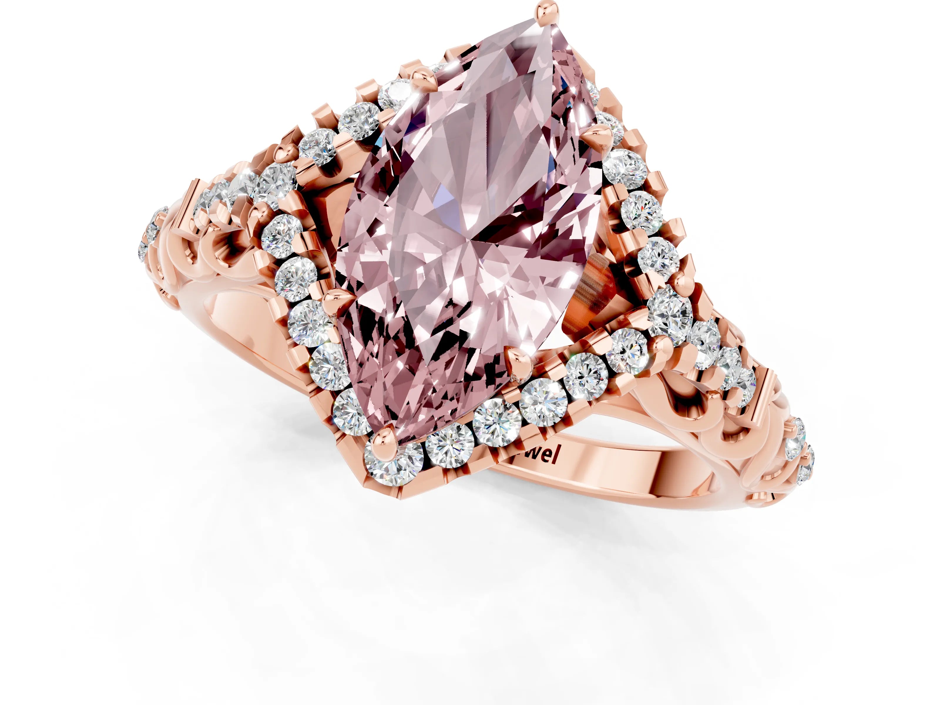 Rose gold Marquise Cut Morganite Solitaire Ring with Hidden Halo and Pavé Band_13