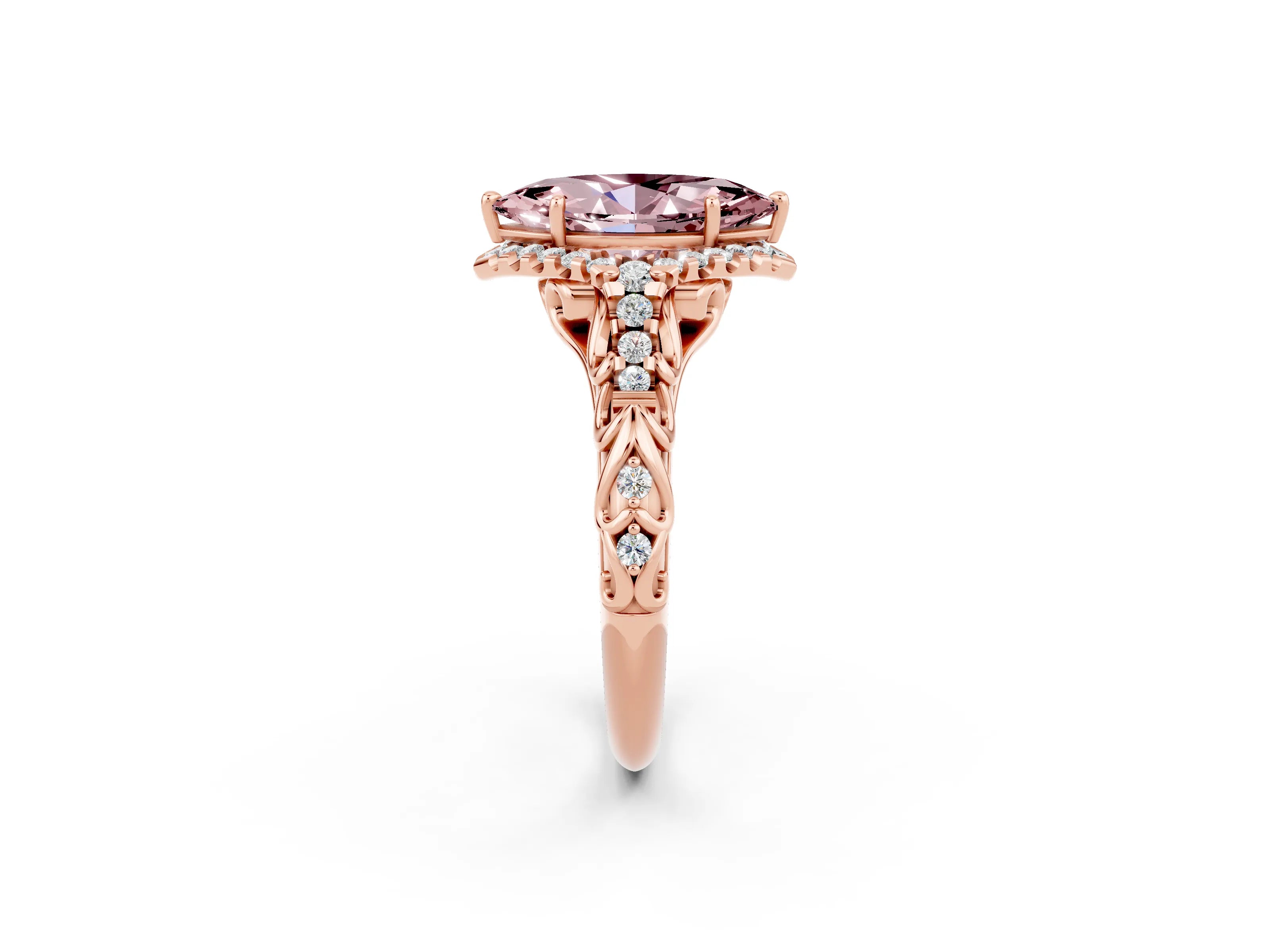 Rose gold Marquise Cut Morganite Solitaire Ring with Hidden Halo and Pavé Band_14
