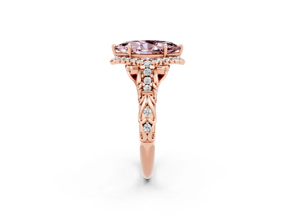 Rose gold Marquise Cut Morganite Solitaire Ring with Hidden Halo and Pavé Band