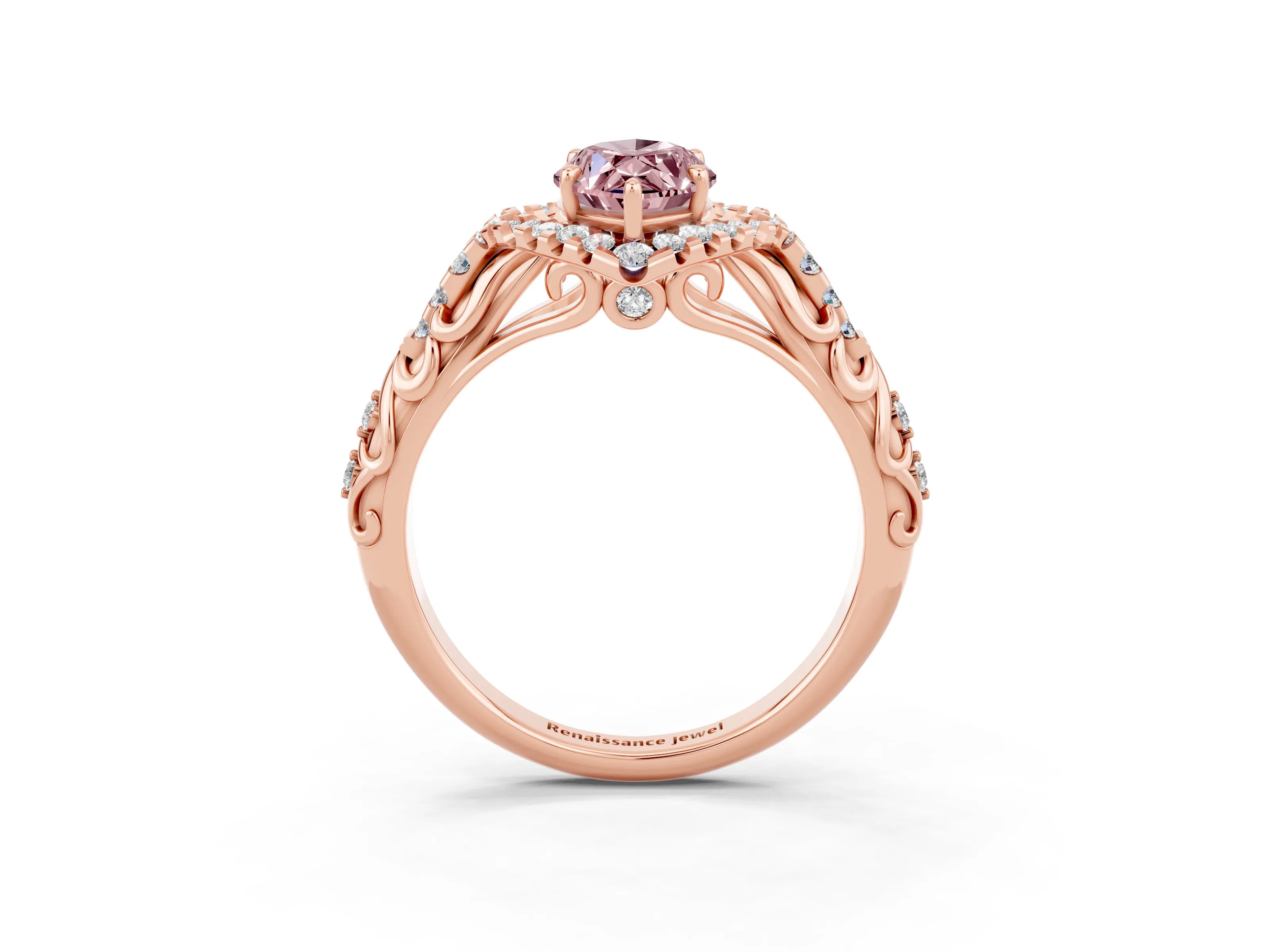 Rose gold Marquise Cut Morganite Solitaire Ring with Hidden Halo and Pavé Band_15