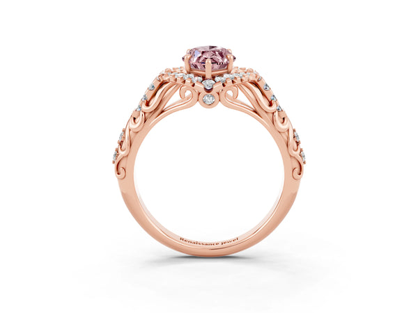 Rose gold Marquise Cut Morganite Solitaire Ring with Hidden Halo and Pavé Band