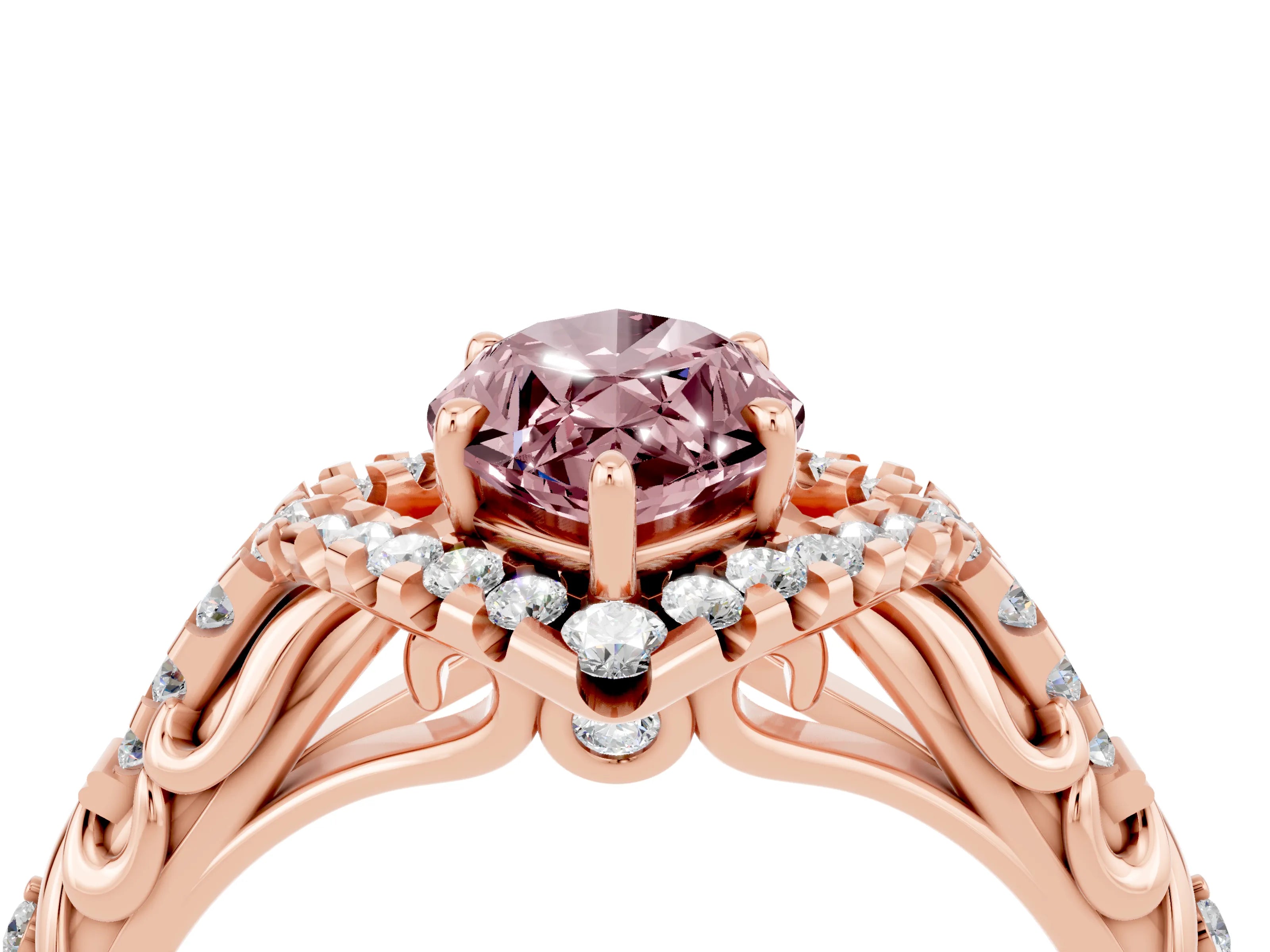 Rose gold Marquise Cut Morganite Solitaire Ring with Hidden Halo and Pavé Band_16