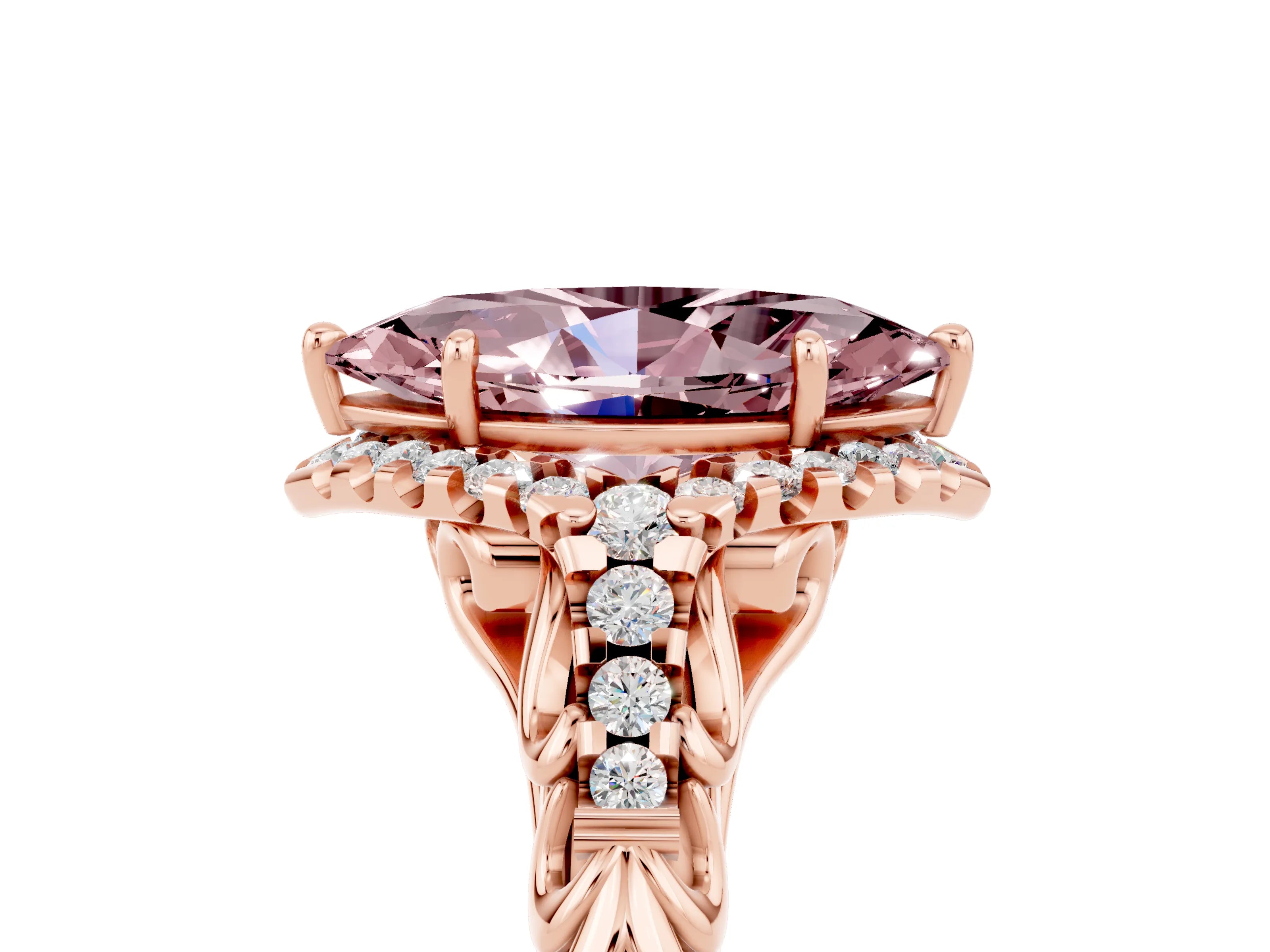 Rose gold Marquise Cut Morganite Solitaire Ring with Hidden Halo and Pavé Band_17