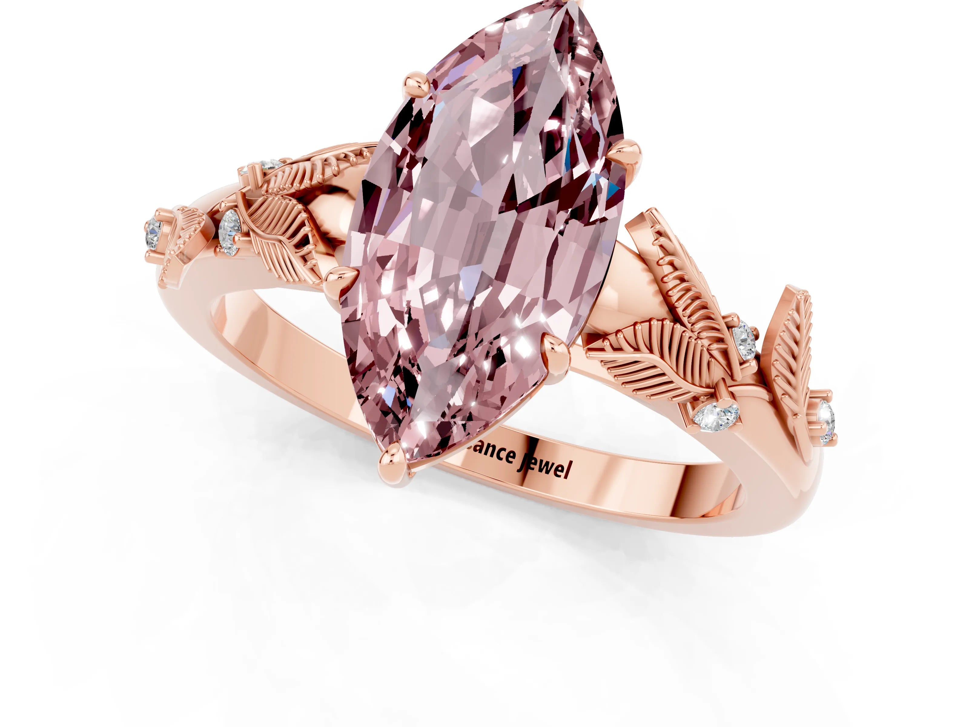 Rose gold Marquise Cut Morganite Solitaire Ring with Leaf Motif Band and Four-Prong Setting_1