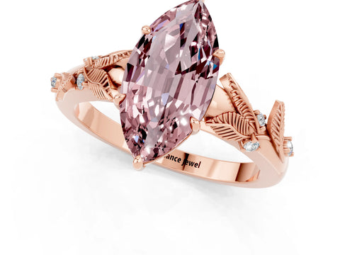 Rose gold Marquise Cut Morganite Solitaire Ring with Leaf Motif Band and Four-Prong Setting_1