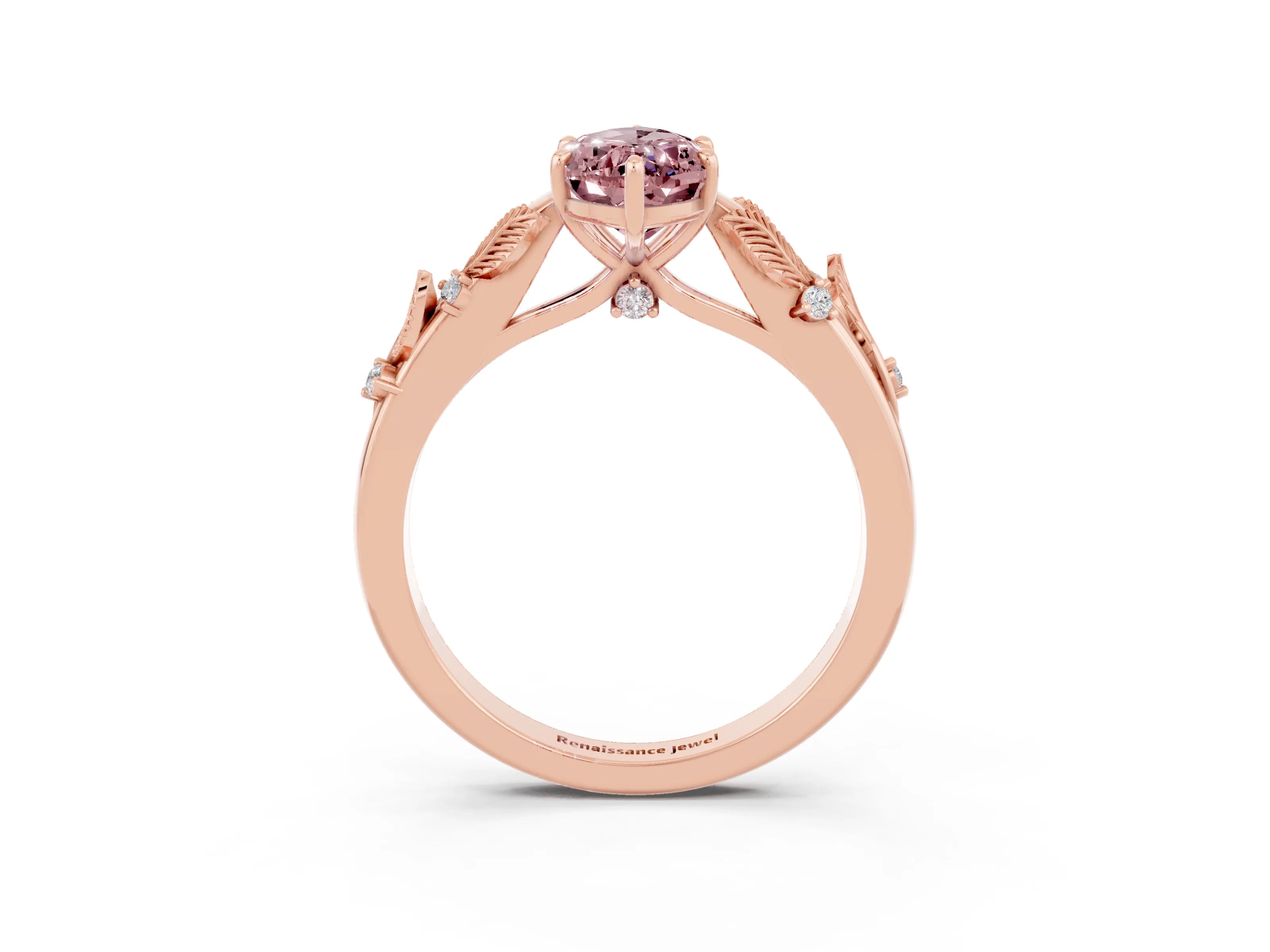 Rose gold Marquise Cut Morganite Solitaire Ring with Leaf Motif Band and Four-Prong Setting_3