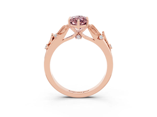 Rose gold Marquise Cut Morganite Solitaire Ring with Leaf Motif Band and Four-Prong Setting