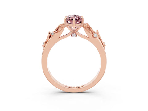Rose gold Marquise Cut Morganite Solitaire Ring with Leaf Motif Band and Four-Prong Setting_3