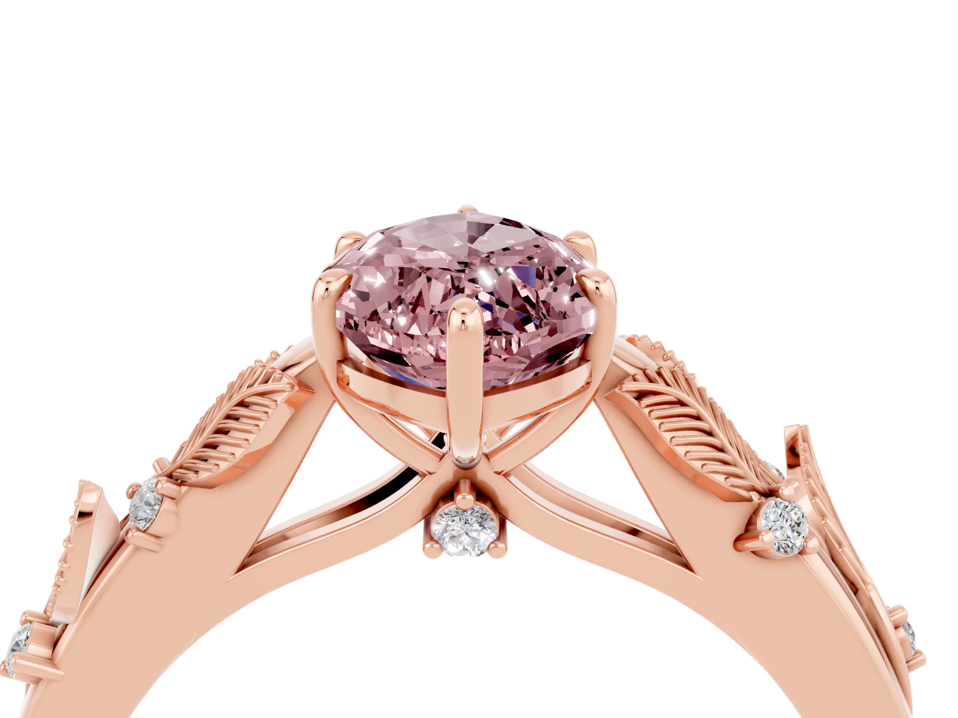 Rose gold Marquise Cut Morganite Solitaire Ring with Leaf Motif Band and Four-Prong Setting_4