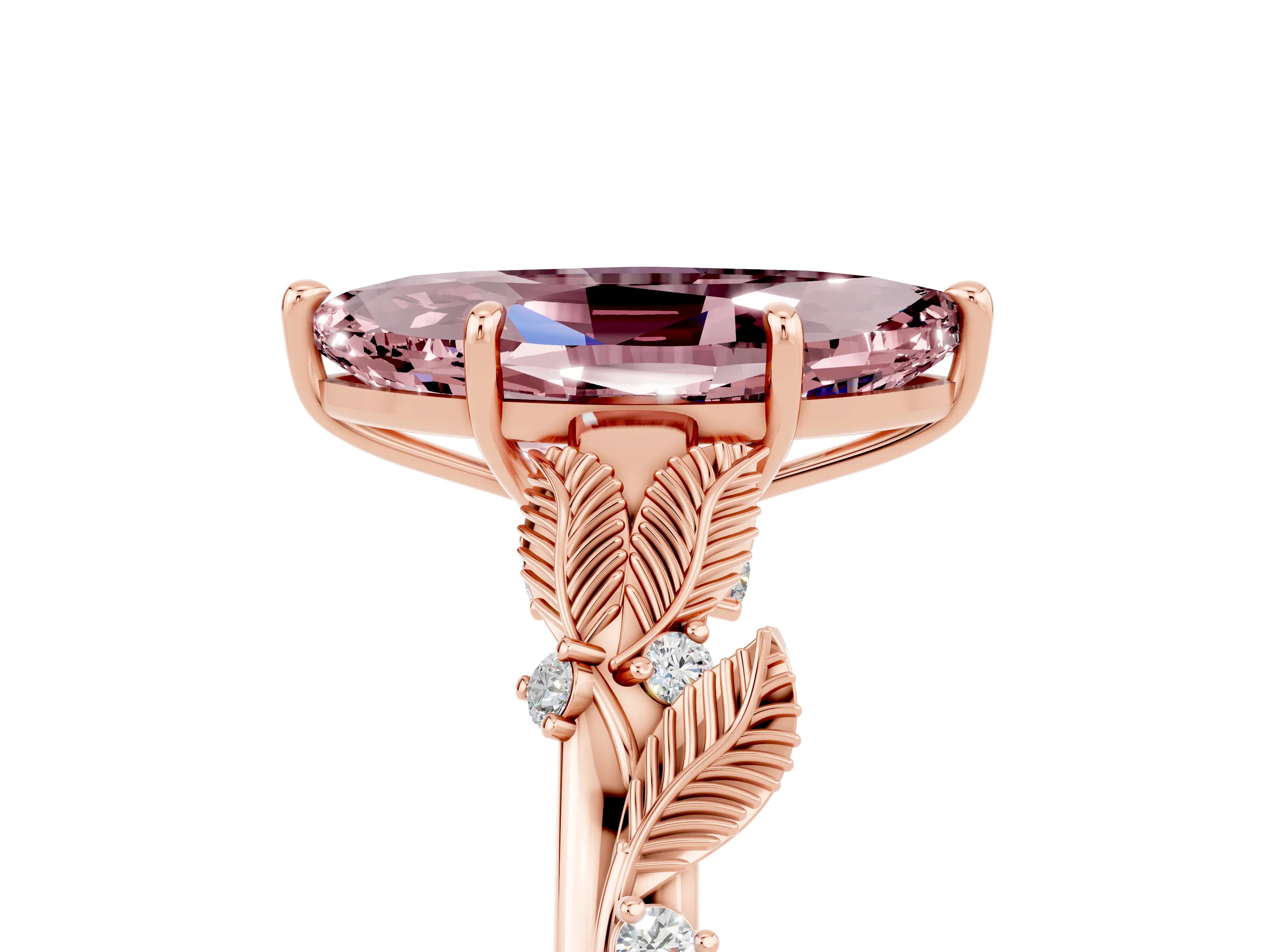 Rose gold Marquise Cut Morganite Solitaire Ring with Leaf Motif Band and Four-Prong Setting_5
