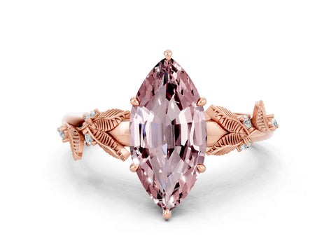 Rose gold Marquise Cut Morganite Solitaire Ring with Leaf Motif Band and Four-Prong Setting