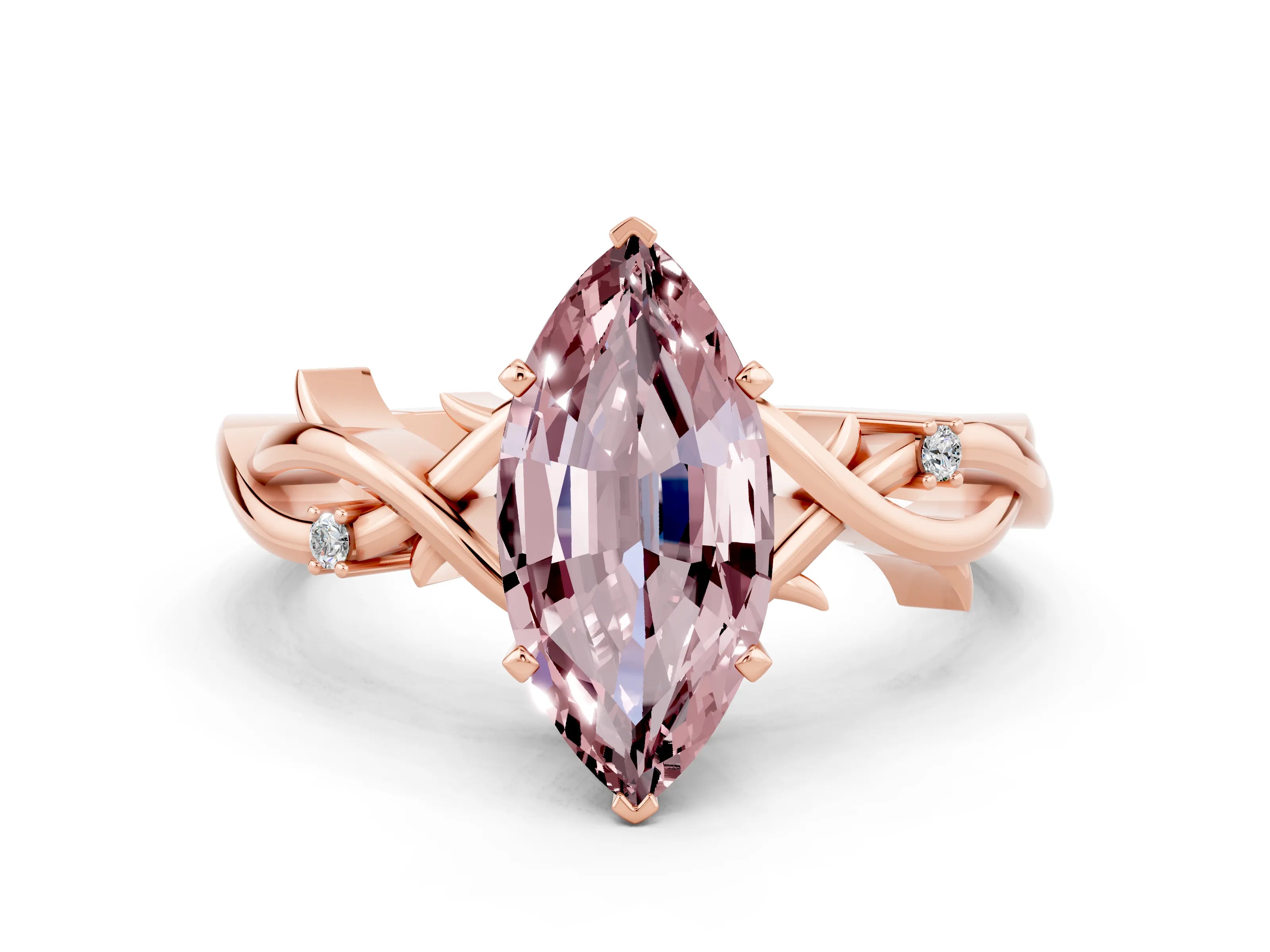 Rose gold Marquise Cut Morganite Solitaire Ring with Milgrain Pavé Band and Four-Prong Setting_12