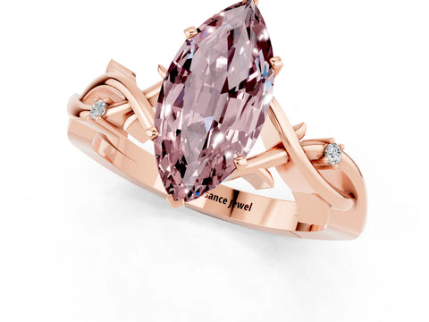 Rose gold Marquise Cut Morganite Solitaire Ring with Milgrain Pavé Band and Four-Prong Setting_13