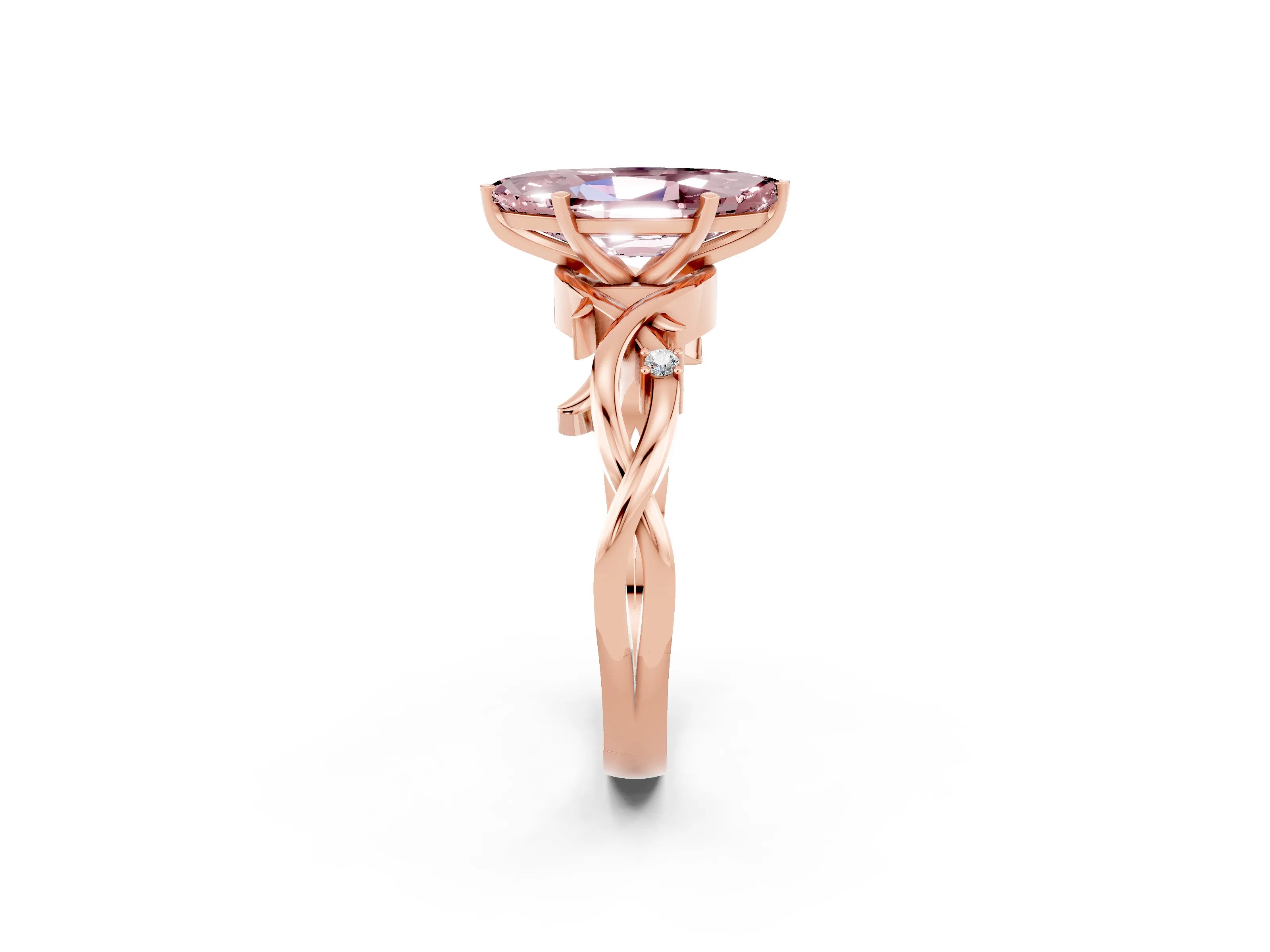 Rose gold Marquise Cut Morganite Solitaire Ring with Milgrain Pavé Band and Four-Prong Setting_14