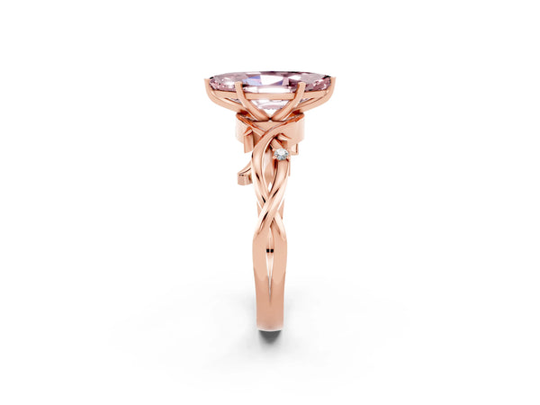 Rose gold Marquise Cut Morganite Solitaire Ring with Milgrain Pavé Band and Four-Prong Setting