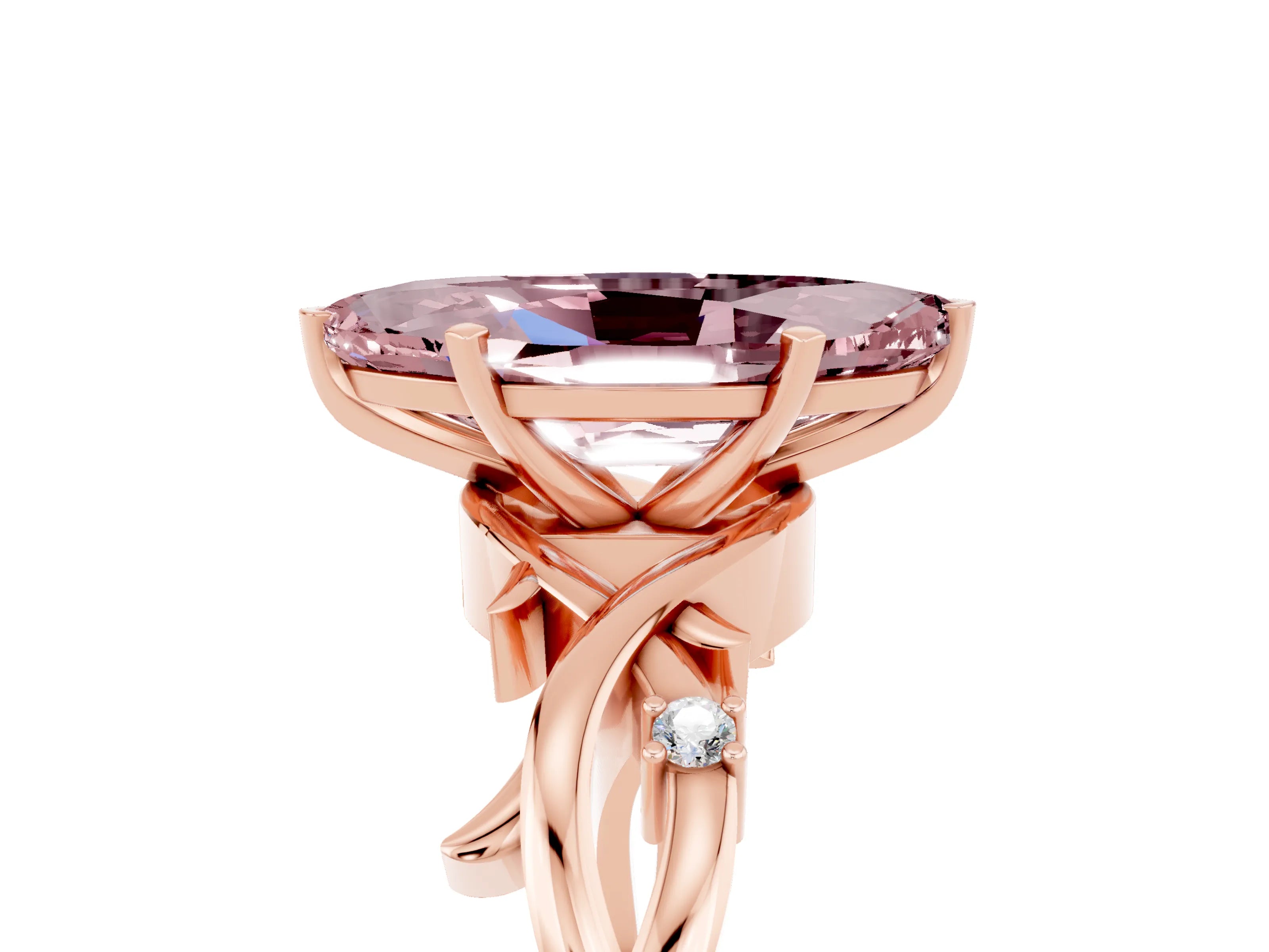 Rose gold Marquise Cut Morganite Solitaire Ring with Milgrain Pavé Band and Four-Prong Setting_17