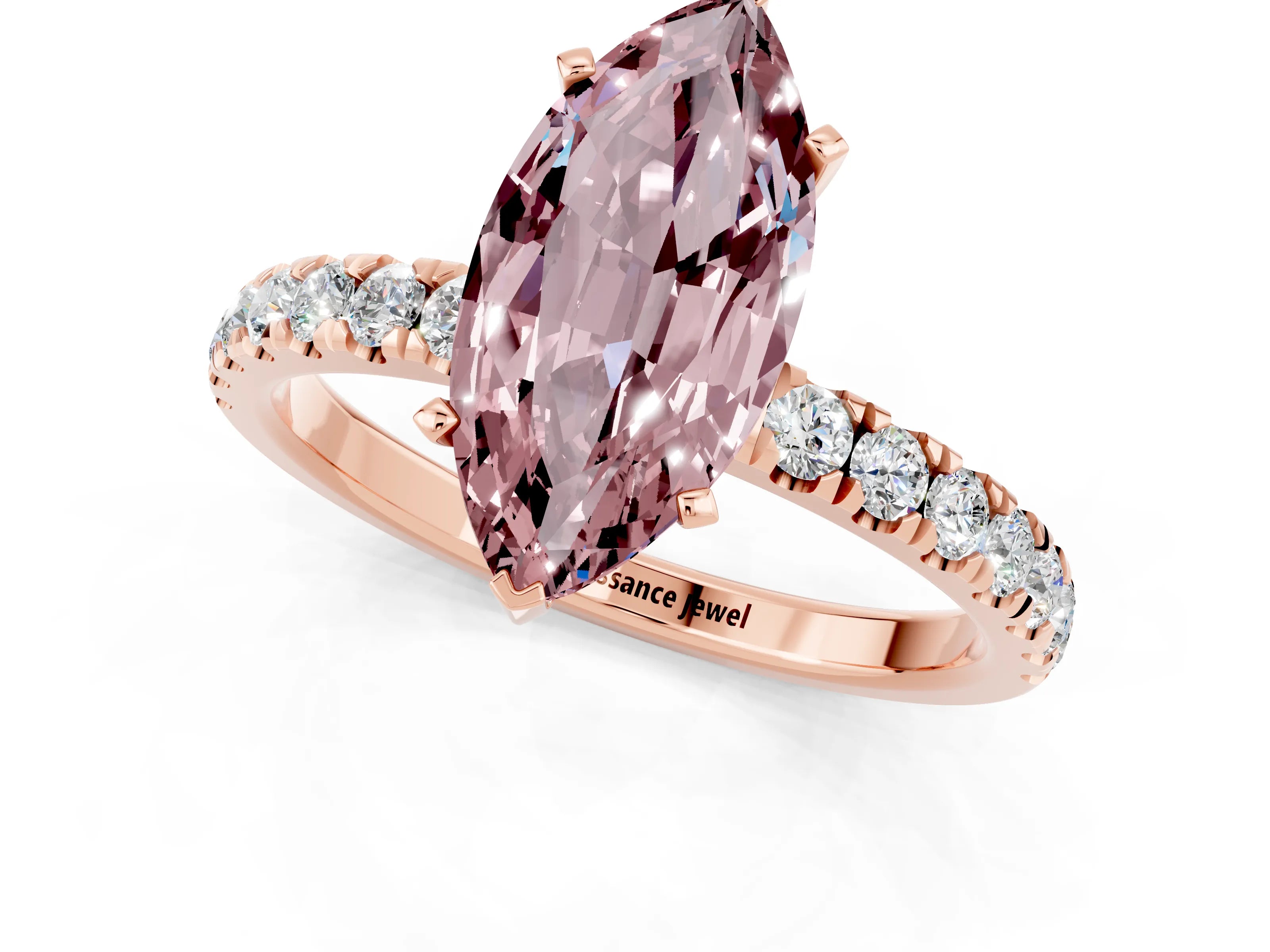 Rose gold Marquise Cut Morganite Solitaire Ring with Pavé Accents and Four-Prong Setting_1