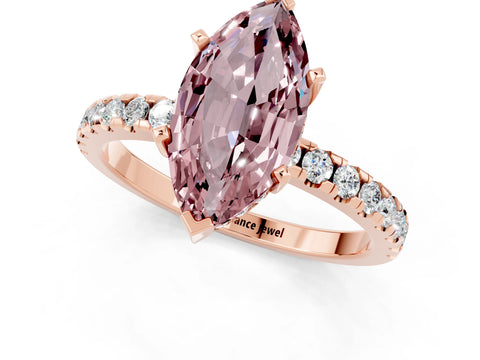 Rose gold Marquise Cut Morganite Solitaire Ring with Pavé Band and Four-Prong Setting_25