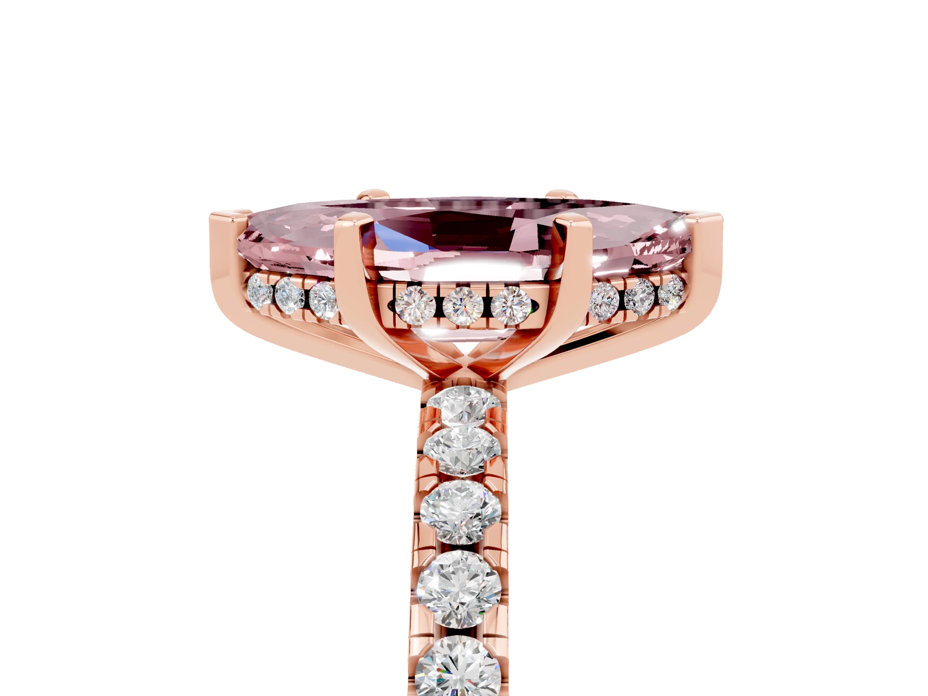 Rose gold Marquise Cut Morganite Solitaire Ring with Pavé Band and Four-Prong Setting_29