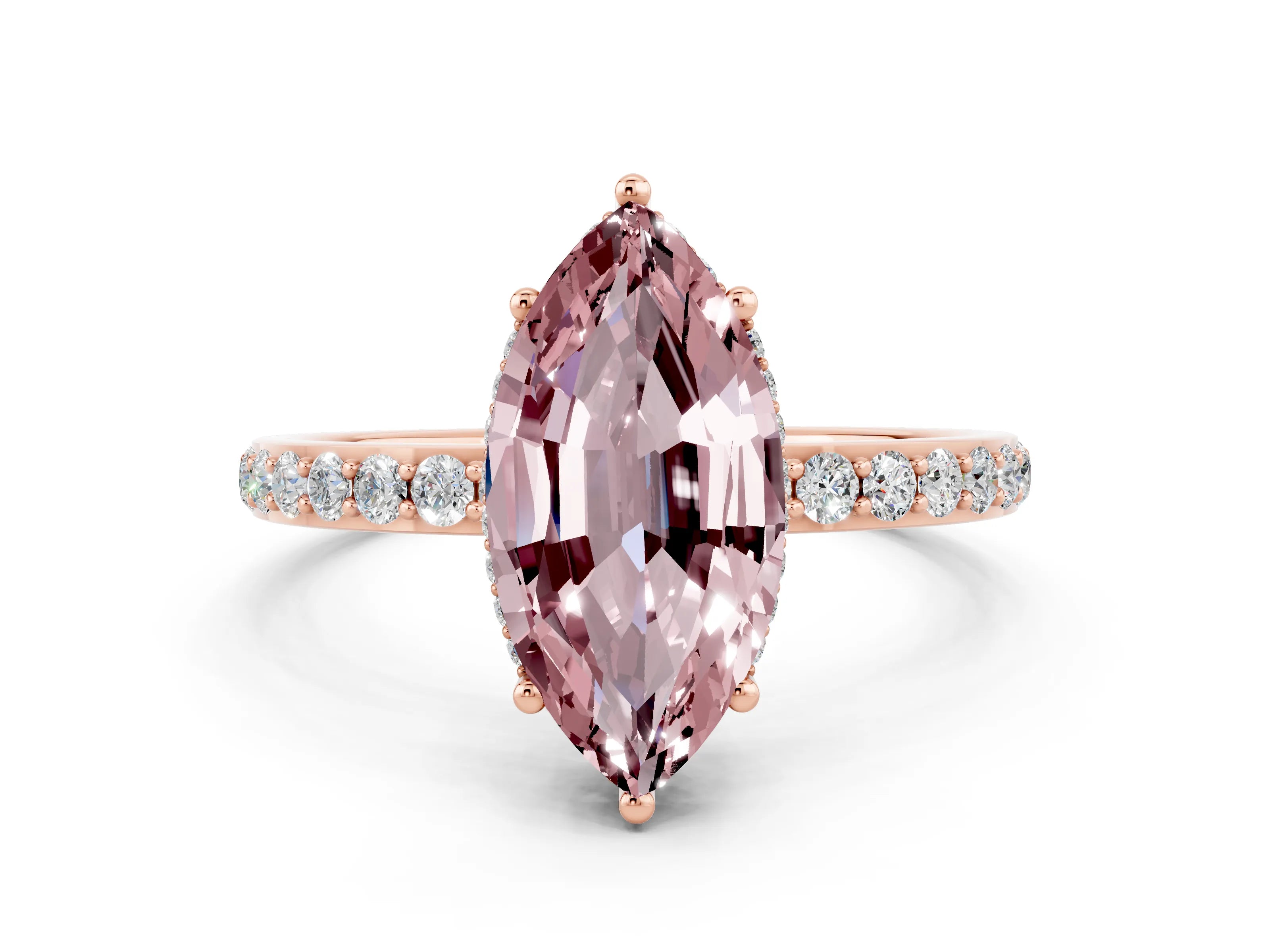 Rose gold Marquise Cut Morganite Solitaire Ring with Pavé Band and Hidden Halo_12