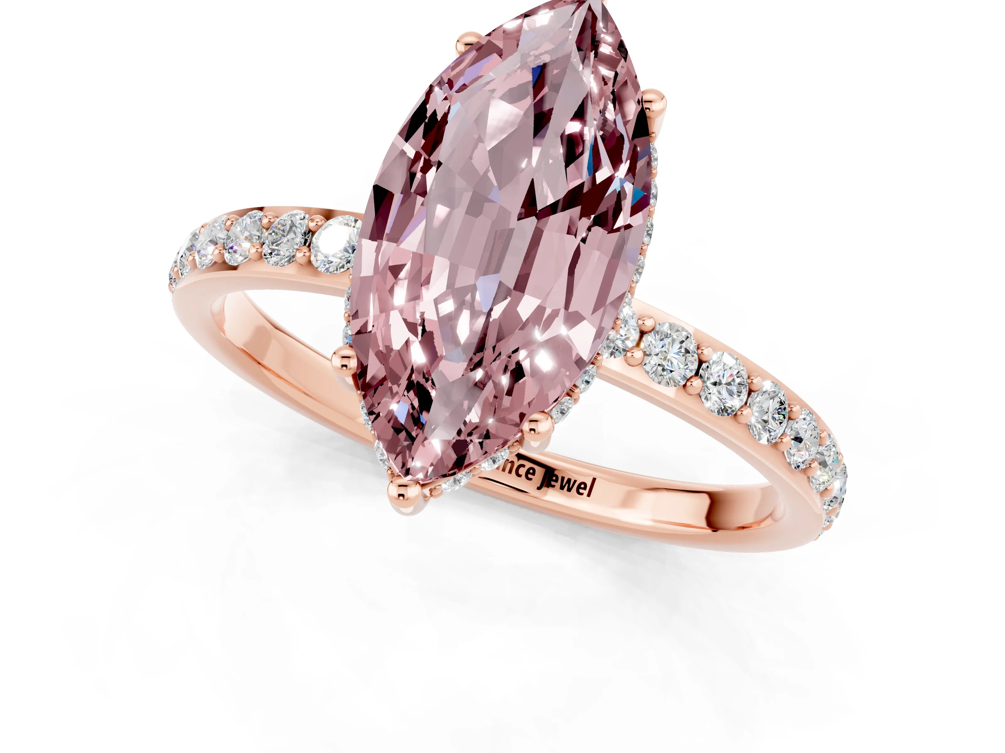Rose gold Marquise Cut Morganite Solitaire Ring with Pavé Band and Hidden Halo_13