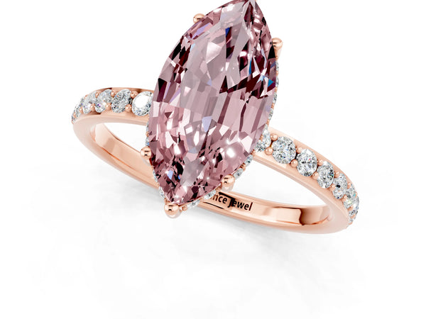 Rose gold Marquise Cut Morganite Solitaire Ring with Pavé Band and Hidden Halo