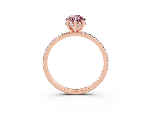 Rose gold Marquise Cut Morganite Solitaire Ring with Pavé Band and Hidden Halo