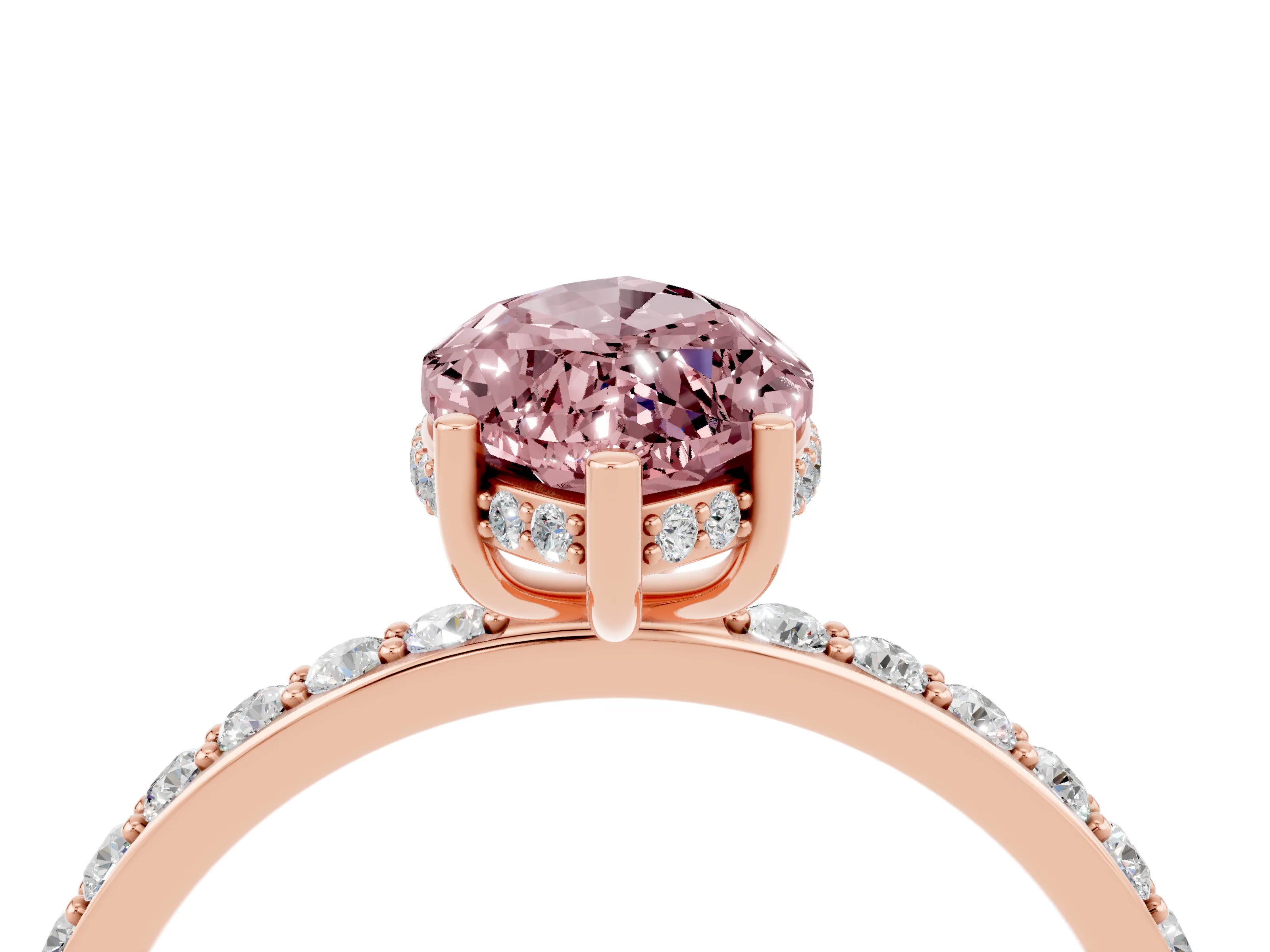 Rose gold Marquise Cut Morganite Solitaire Ring with Pavé Band and Hidden Halo_16