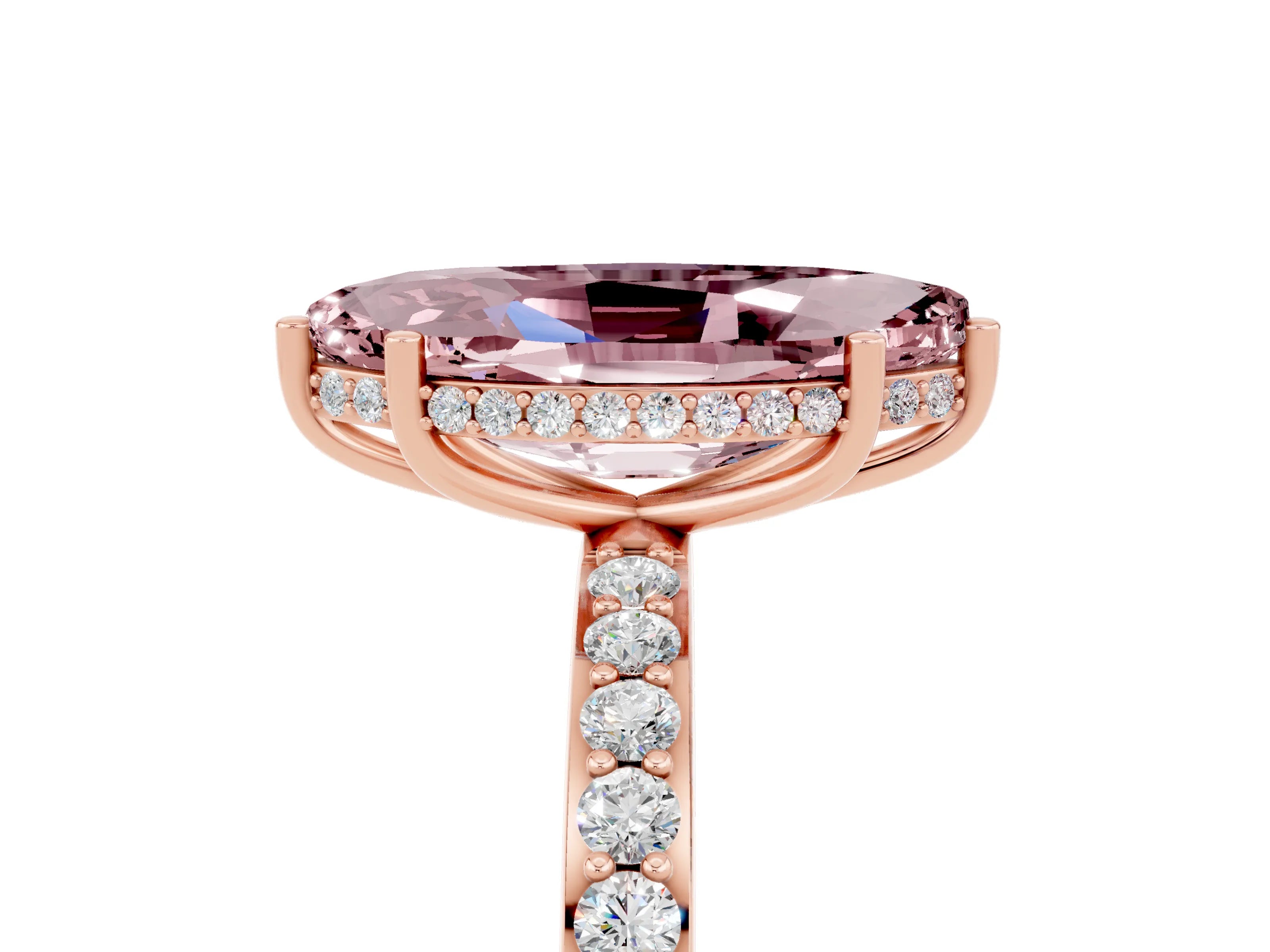 Rose gold Marquise Cut Morganite Solitaire Ring with Pavé Band and Hidden Halo_17