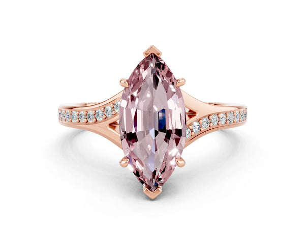 Rose gold Marquise Cut Morganite Solitaire Ring with Pavé Band and Prong Setting