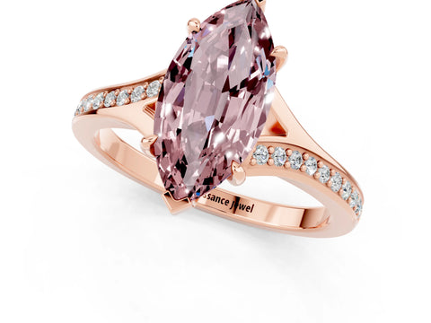 Rose gold Marquise Cut Morganite Solitaire Ring with Pavé Band and Prong Setting_1