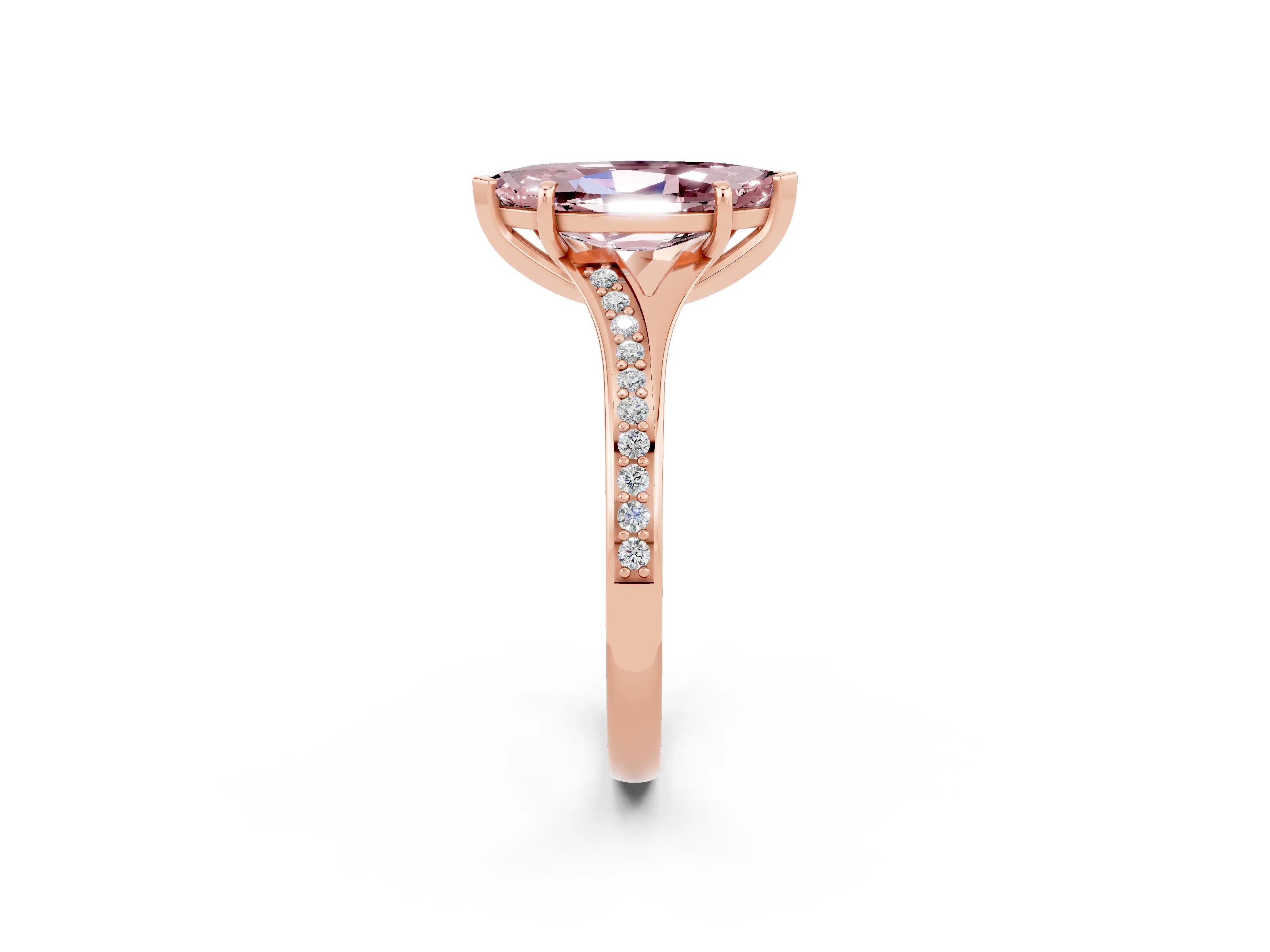 Rose gold Marquise Cut Morganite Solitaire Ring with Pavé Band and Prong Setting_2