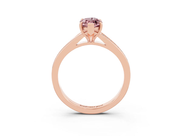 Rose gold Marquise Cut Morganite Solitaire Ring with Pavé Band and Prong Setting