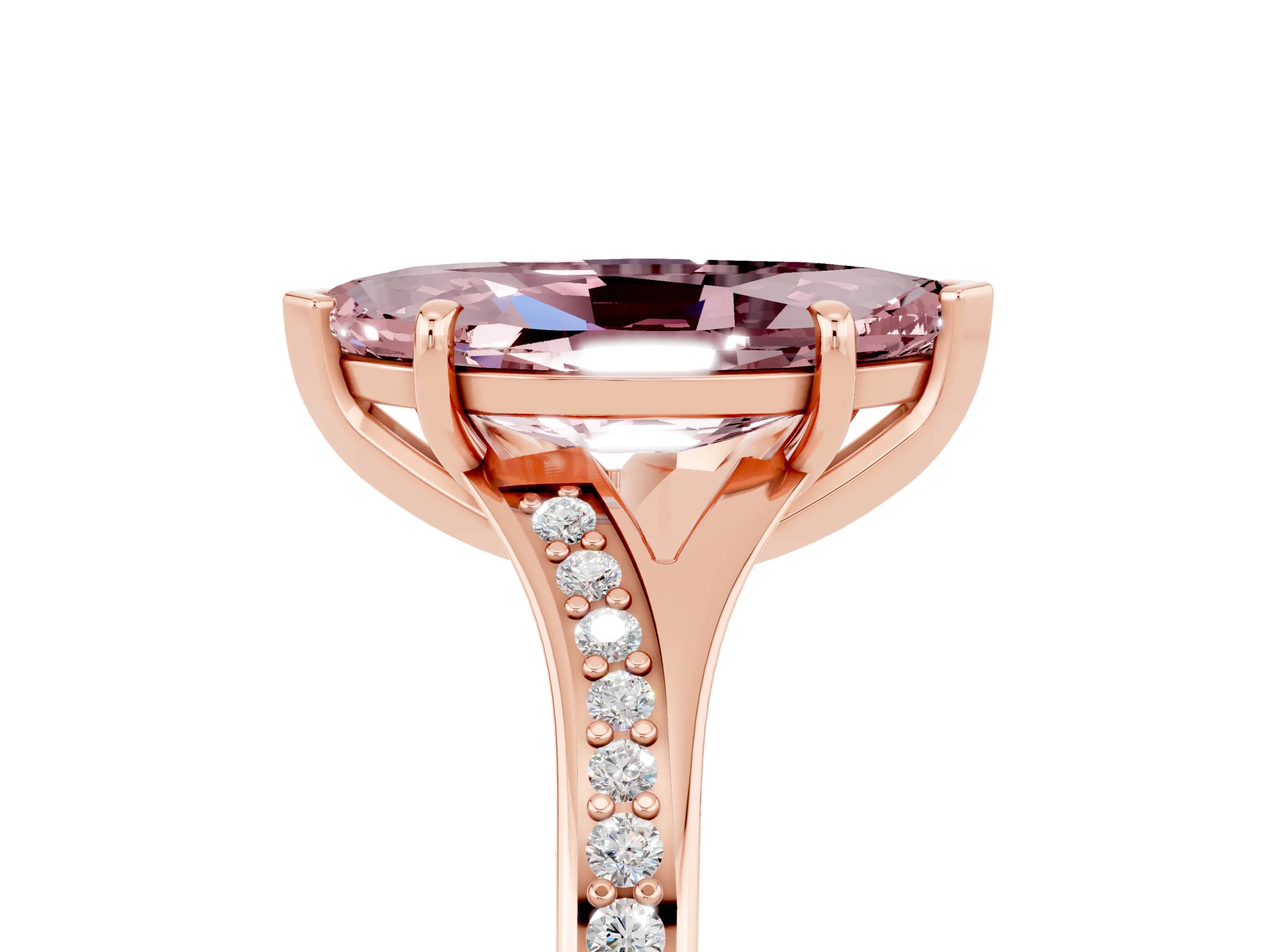 Rose gold Marquise Cut Morganite Solitaire Ring with Pavé Band and Prong Setting_5