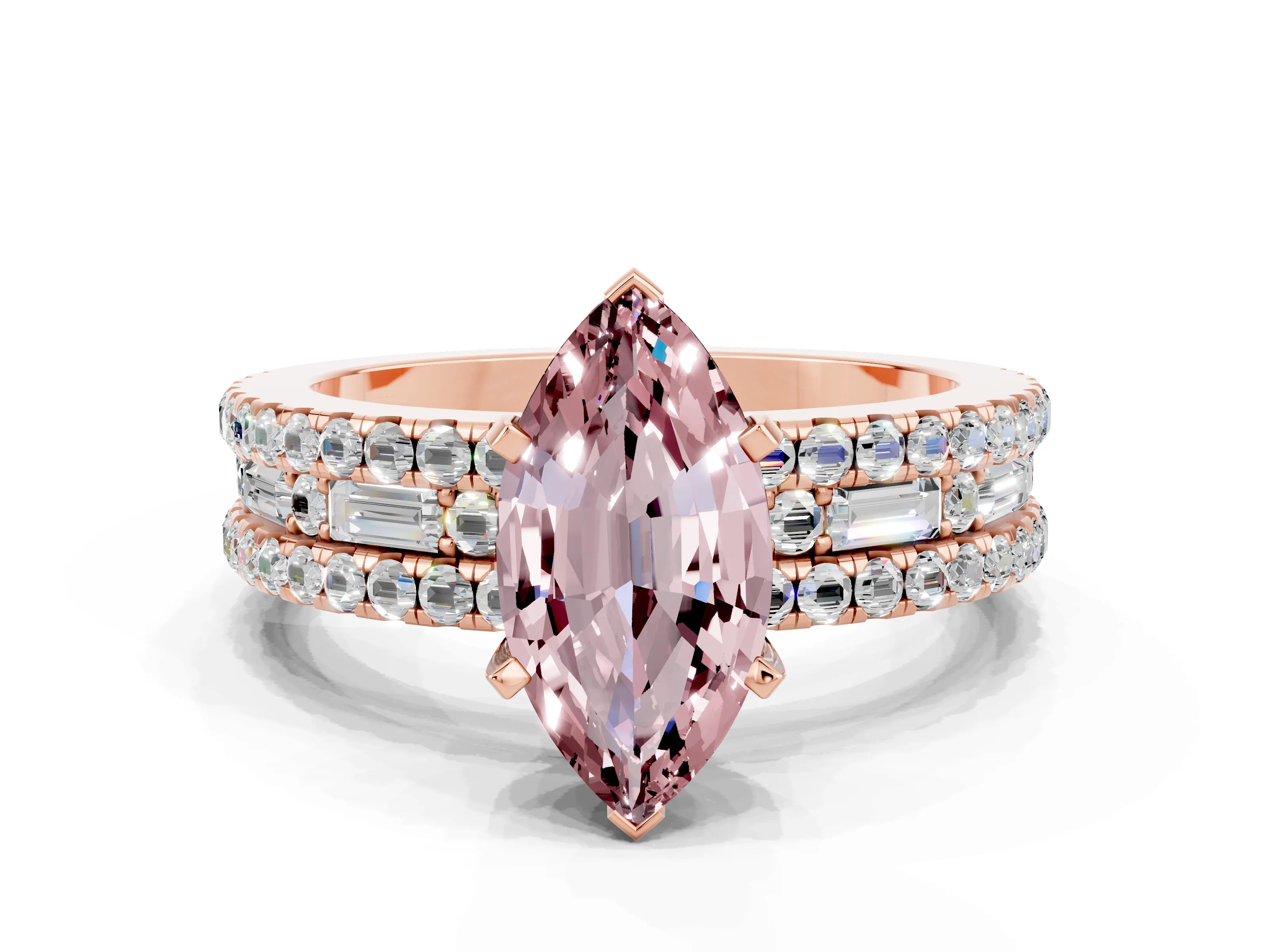 Rose gold Marquise Cut Morganite Solitaire Ring with Pavé and Channel Set Band