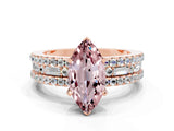Rose gold Marquise Cut Morganite Solitaire Ring with Pavé and Channel Set Band