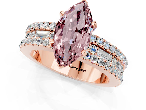 Rose gold Marquise Cut Morganite Solitaire Ring with Pavé and Channel Set Band