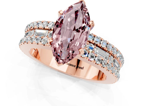 Rose gold Marquise Cut Morganite Solitaire Ring with Pavé and Channel Set Band_1