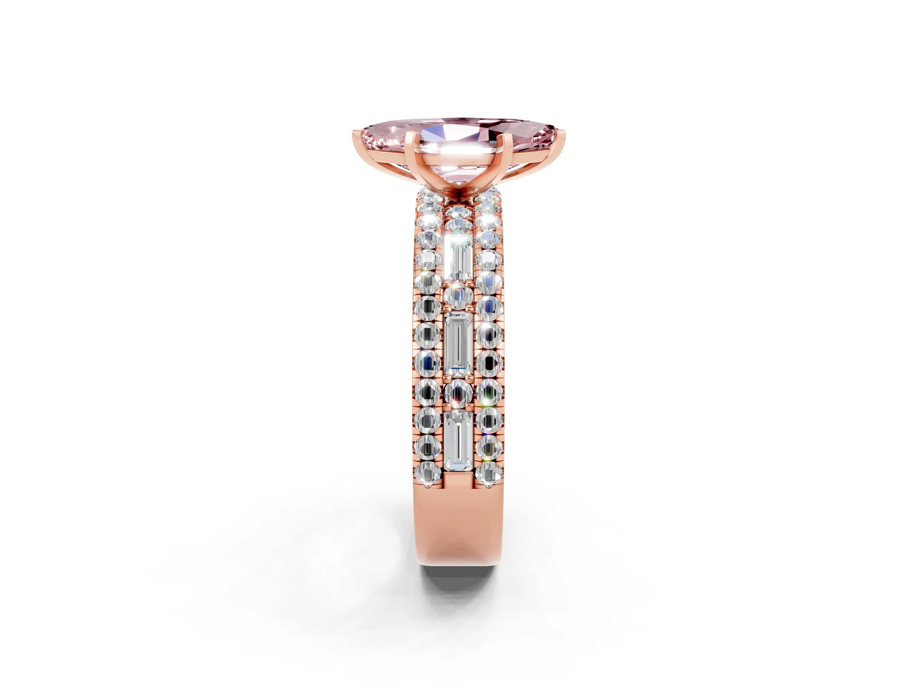 Rose gold Marquise Cut Morganite Solitaire Ring with Pavé and Channel Set Band_2