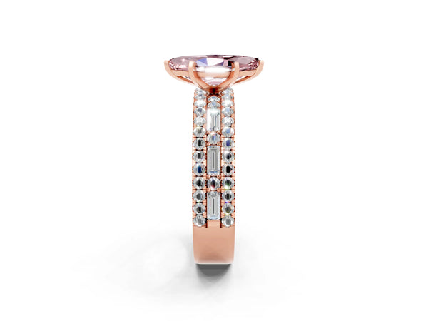 Rose gold Marquise Cut Morganite Solitaire Ring with Pavé and Channel Set Band