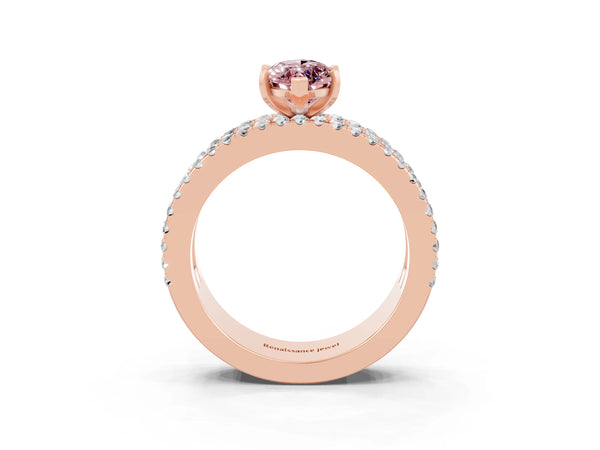 Rose gold Marquise Cut Morganite Solitaire Ring with Pavé and Channel Set Band