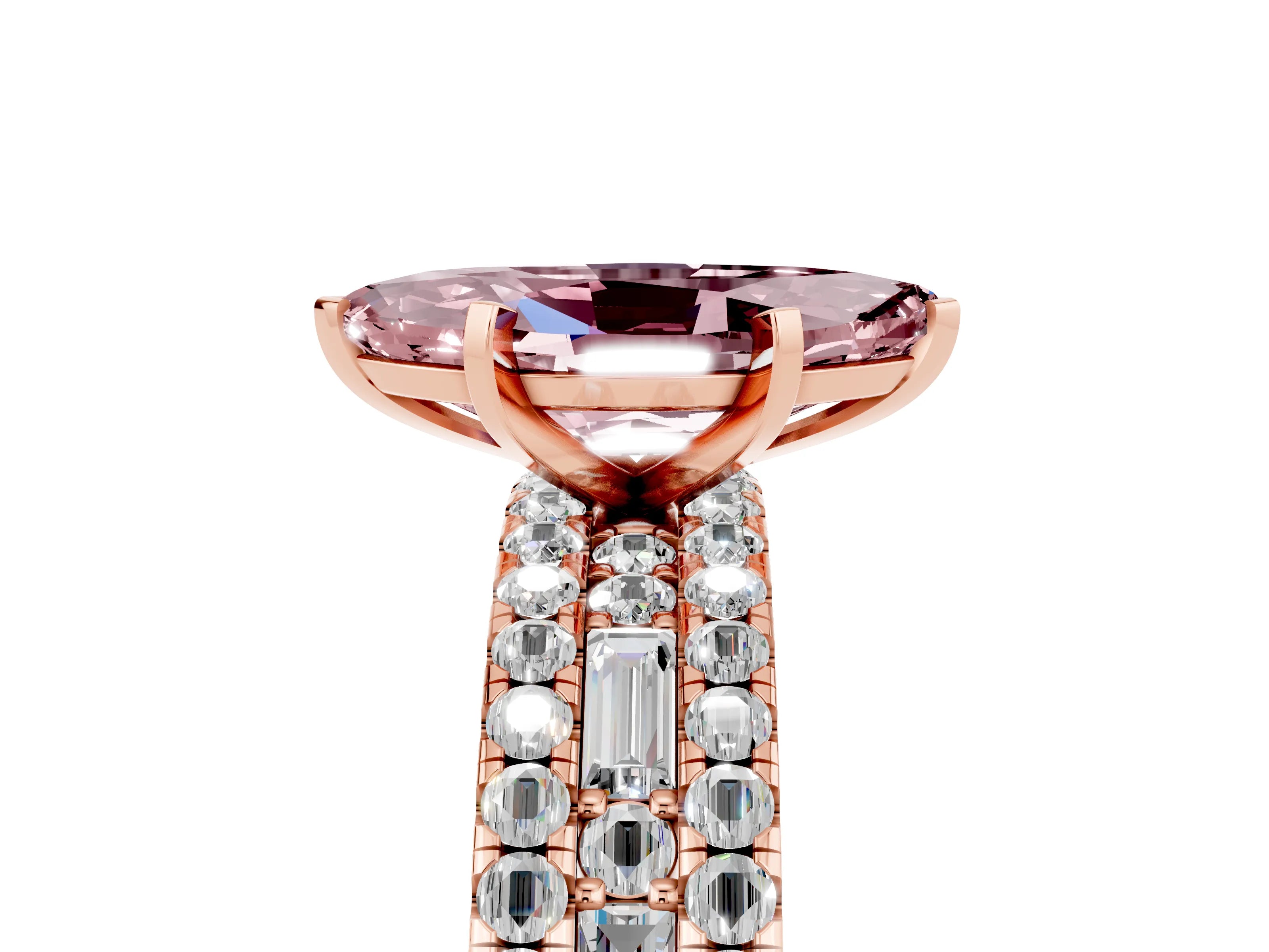 Rose gold Marquise Cut Morganite Solitaire Ring with Pavé and Channel Set Band_5