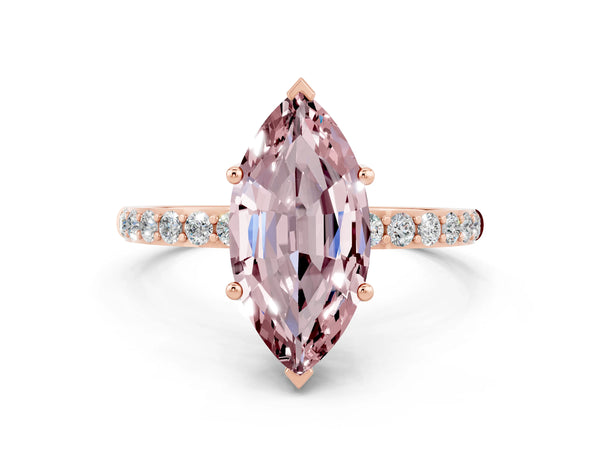 Rose gold Marquise Cut Morganite Solitaire Ring with Round  Pavé Band and Prong Setting