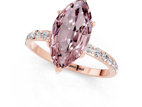 Rose gold Marquise Cut Morganite Solitaire Ring with Round  Pavé Band and Prong Setting
