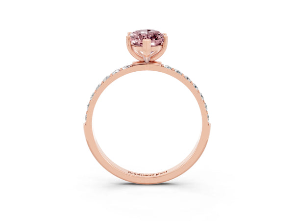 Rose gold Marquise Cut Morganite Solitaire Ring with Round  Pavé Band and Prong Setting