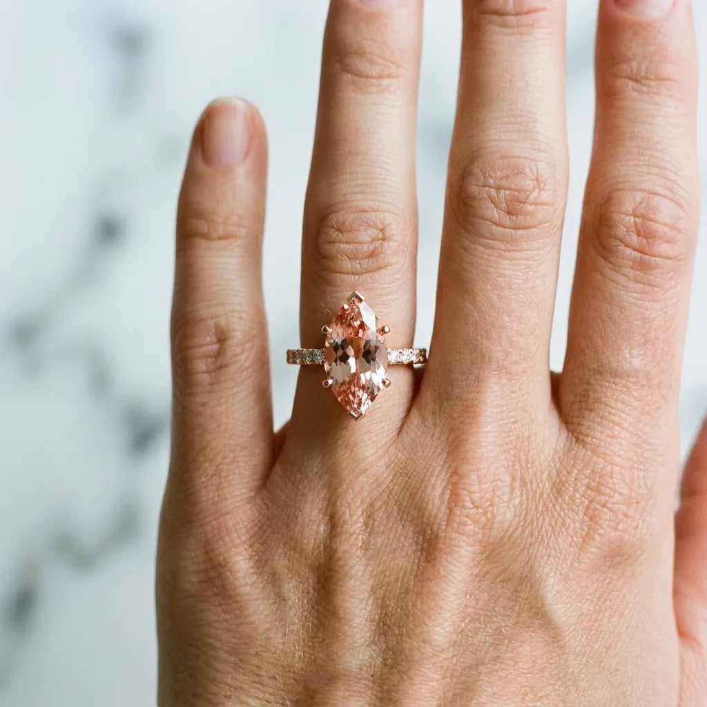 Rose gold Marquise Cut Morganite Solitaire Ring with Round  Pavé Band and Four-Prong Setting_42